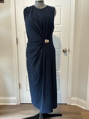 entro Navy Maxi Dress with Gold Buckle Detail